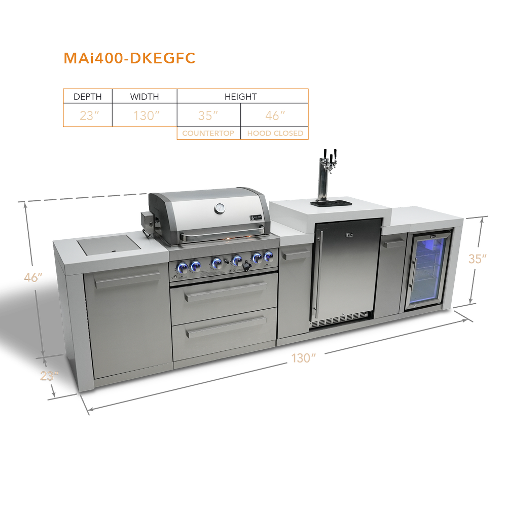 Mont Alpi 400 Deluxe BBQ Grill Island with Kegerator and Fridge Cabinet - MAi400-DKEGFC - MyBBQDirect