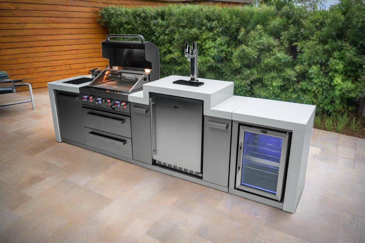 Mont Alpi 400 Deluxe BBQ Grill Island with Kegerator and Fridge Cabinet - MAi400-DKEGFC - MyBBQDirect