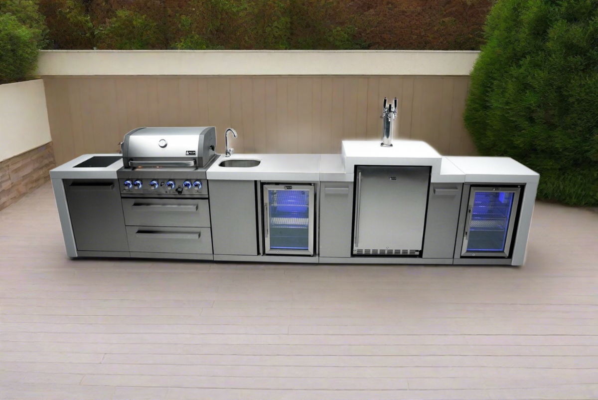 Mont Alpi 400 Deluxe BBQ Grill Island with Kegerator, Beverage Center and Fridge Cabinet - MAi400-DKEGBEVFC - MyBBQDirect