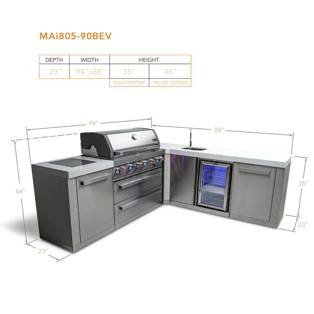 Mont Alpi 805 BBQ Grill Island with 90 Degree Corner and Beverage Center - MAi805-90BEV - MyBBQDirect