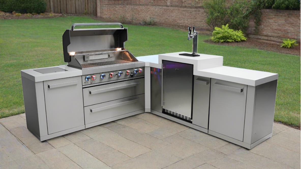 Mont Alpi 805 BBQ Grill Island with 90 Degree Corner and Kegerator - MAi805-90KEG - MyBBQDirect
