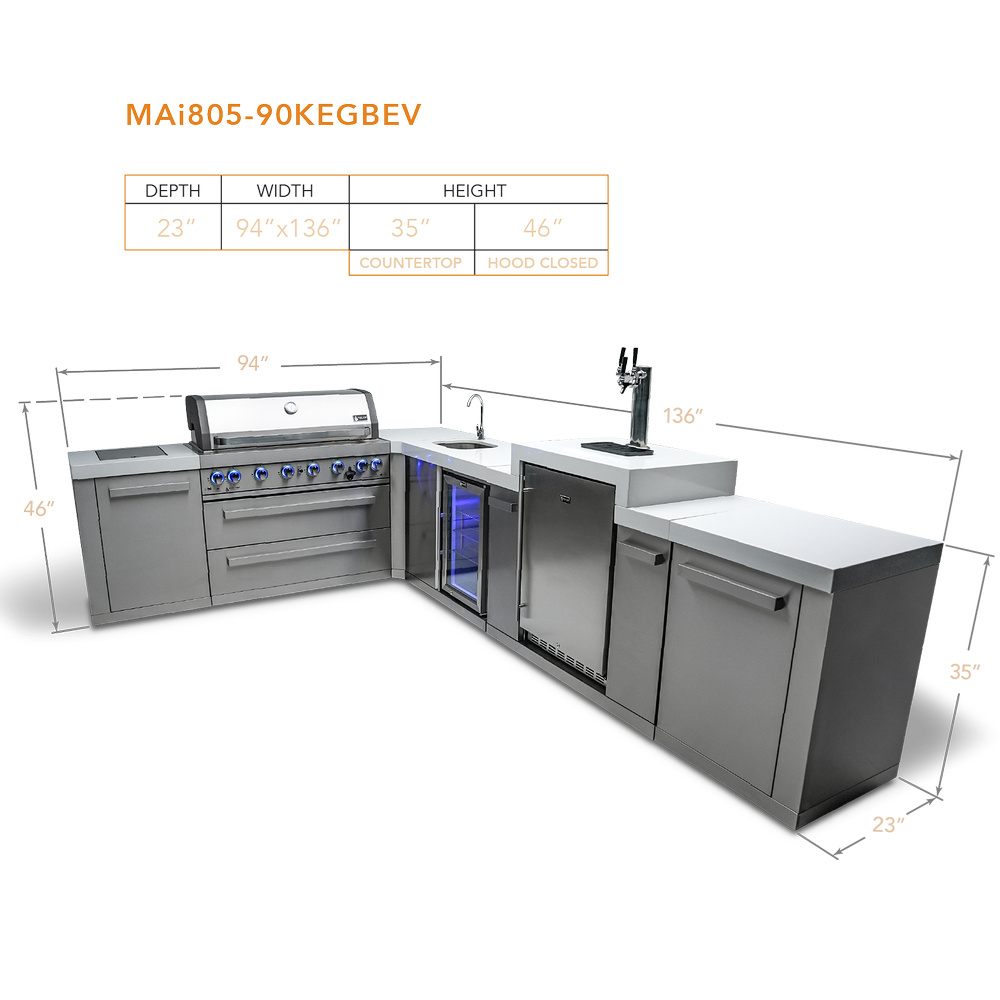 Mont Alpi 805 BBQ Grill Island with 90 Degree Corner, Kegerator and Beverage Center - MAi805-90KEGBEV - MyBBQDirect