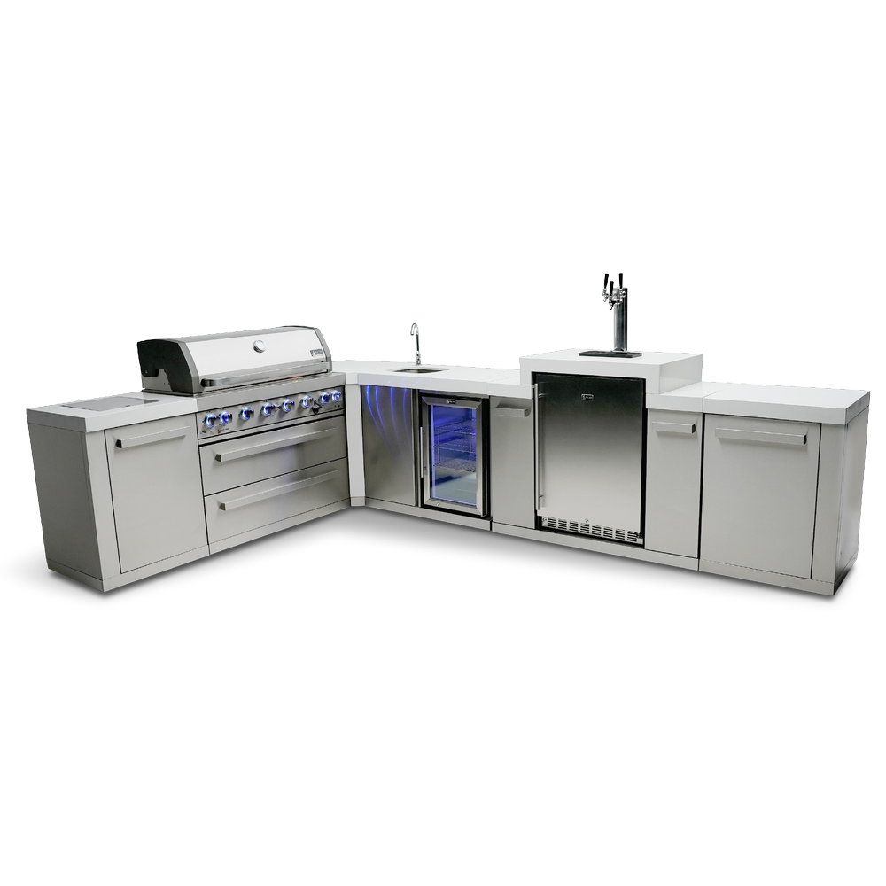 Mont Alpi 805 BBQ Grill Island with 90 Degree Corner, Kegerator and Beverage Center - MAi805-90KEGBEV - MyBBQDirect