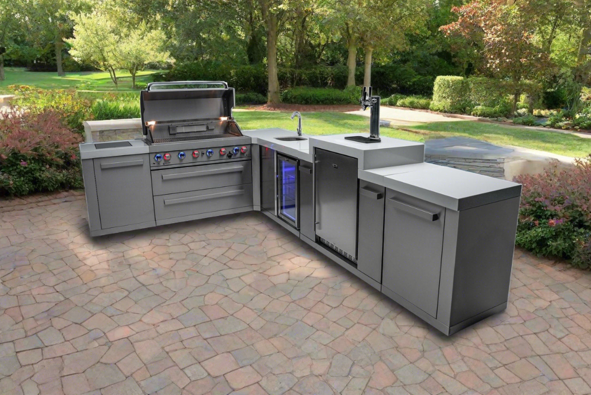 Mont Alpi 805 BBQ Grill Island with 90 Degree Corner, Kegerator and Beverage Center - MAi805-90KEGBEV - MyBBQDirect