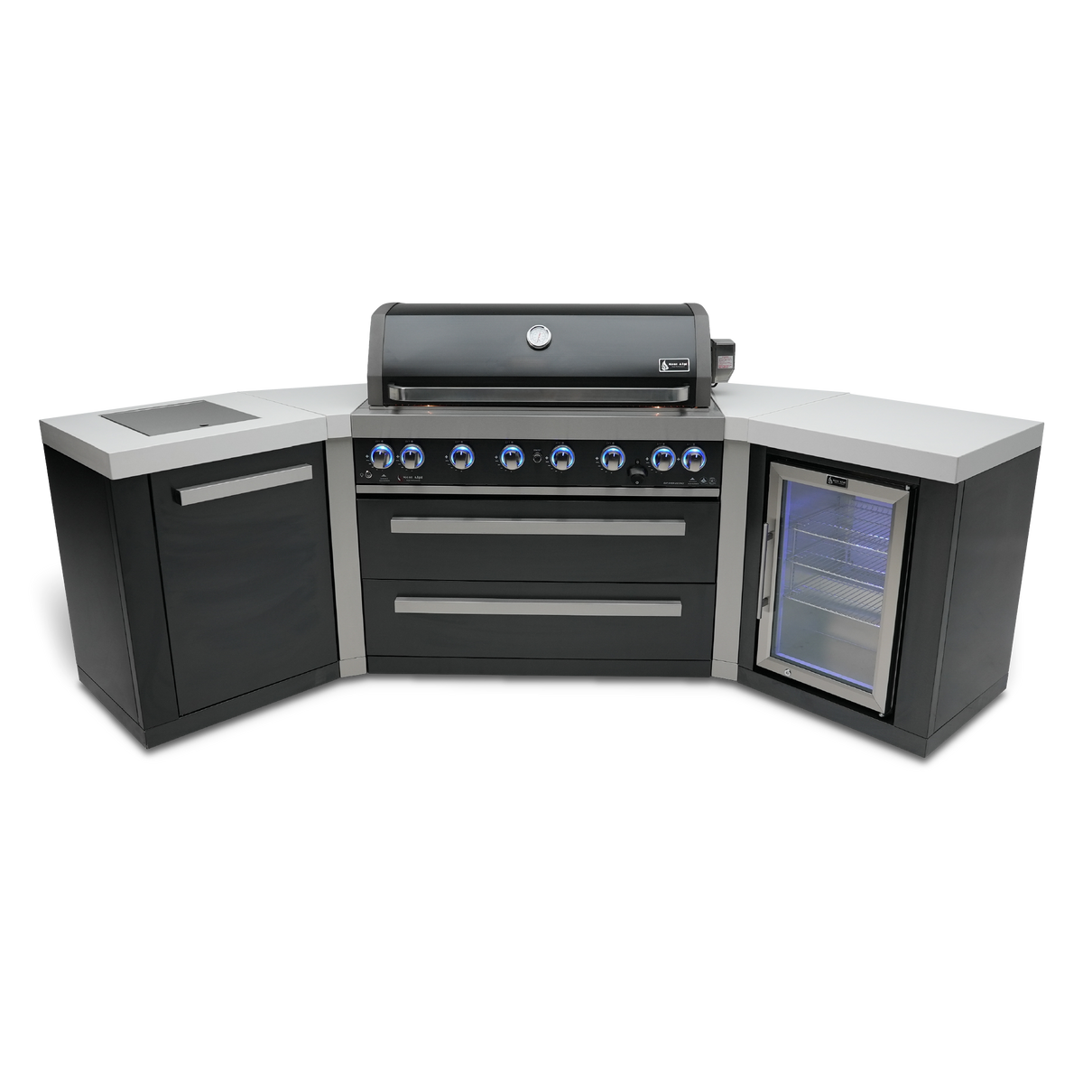 Mont Alpi 805 Black Stainless Steel BBQ Grill Island with 45 Degree Corners and Fridge - MAi805-BSS45FC - MyBBQDirect