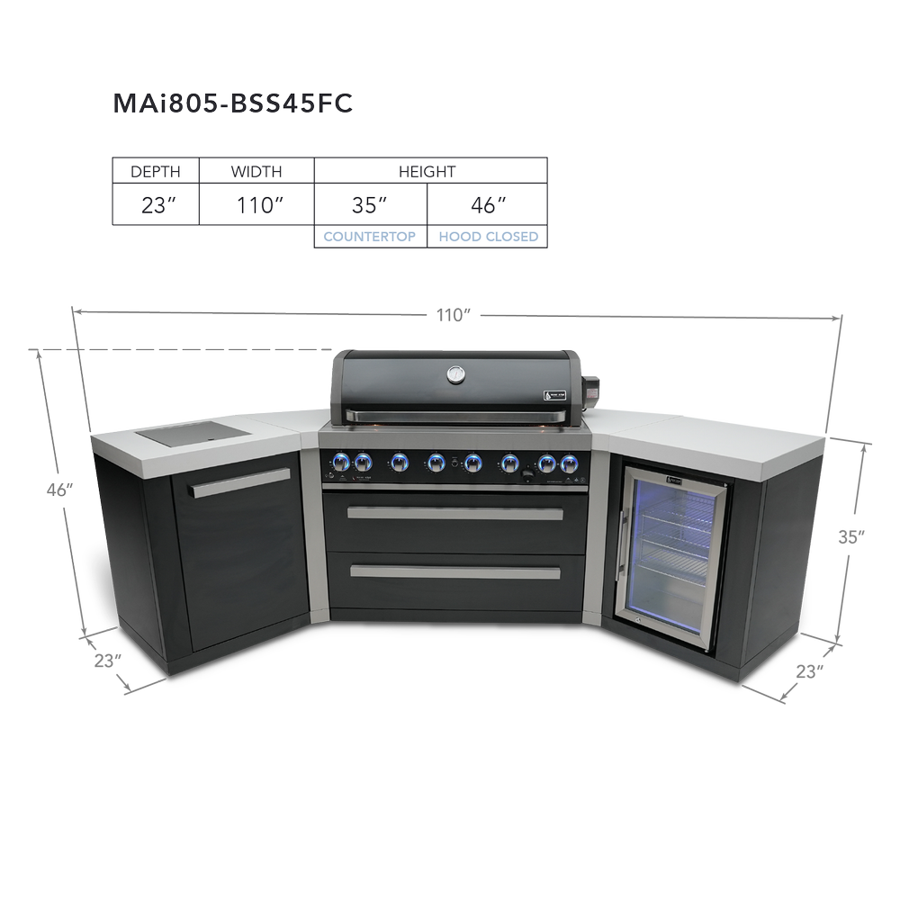 Mont Alpi 805 Black Stainless Steel BBQ Grill Island with 45 Degree Corners and Fridge - MAi805-BSS45FC - MyBBQDirect