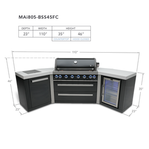 Mont Alpi 805 Black Stainless Steel BBQ Grill Island with 45 Degree Corners and Fridge - MAi805-BSS45FC - MyBBQDirect