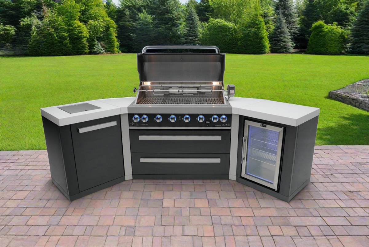 Mont Alpi 805 Black Stainless Steel BBQ Grill Island with 45 Degree Corners and Fridge - MAi805-BSS45FC - MyBBQDirect