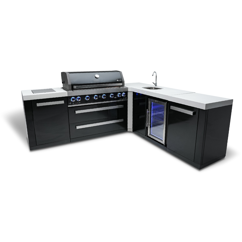 Mont Alpi 805 Black Stainless Steel BBQ Grill Island with 90 Degree Corner and Beverage Center - MAi805-BSS90BEV - MyBBQDirect