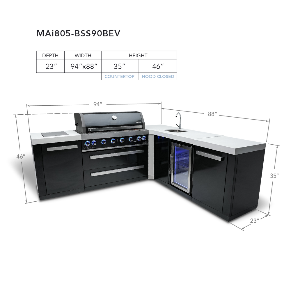 Mont Alpi 805 Black Stainless Steel BBQ Grill Island with 90 Degree Corner and Beverage Center - MAi805-BSS90BEV - MyBBQDirect
