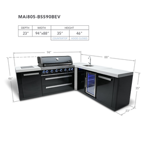 Mont Alpi 805 Black Stainless Steel BBQ Grill Island with 90 Degree Corner and Beverage Center - MAi805-BSS90BEV - MyBBQDirect