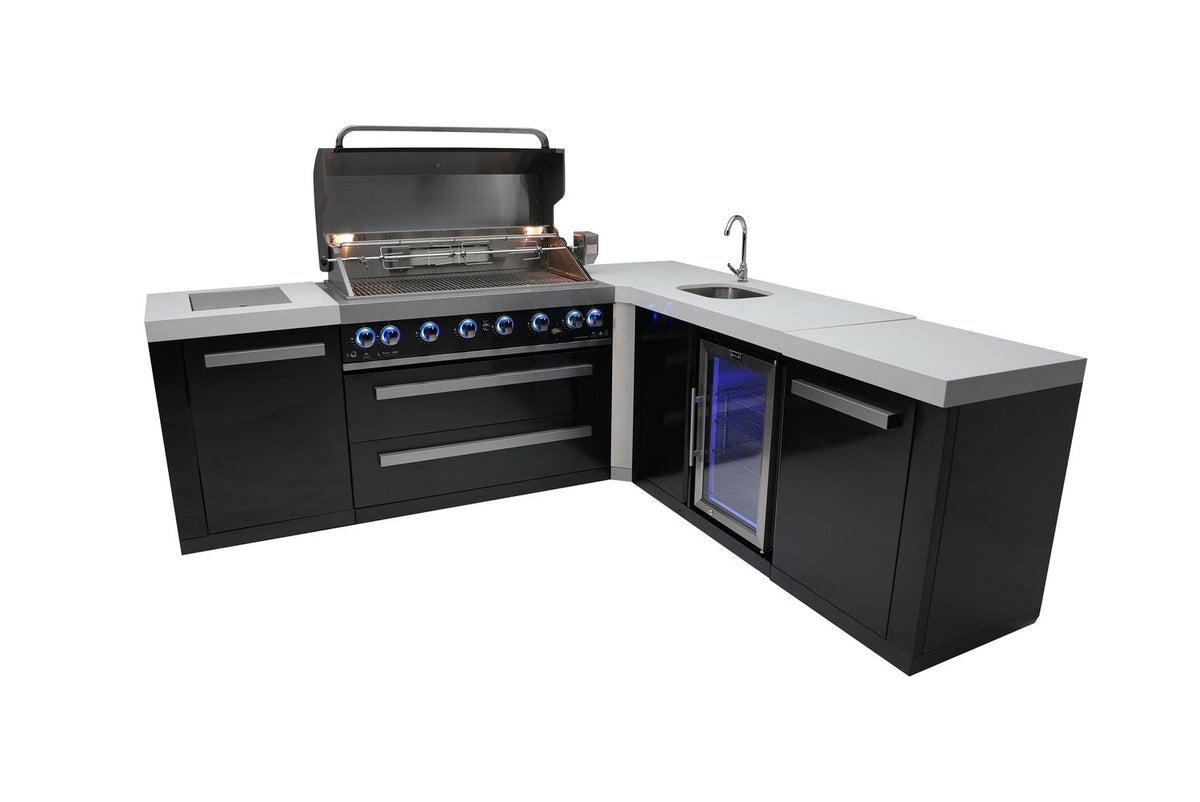 Mont Alpi 805 Black Stainless Steel BBQ Grill Island with 90 Degree Corner and Beverage Center - MAi805-BSS90BEV - MyBBQDirect