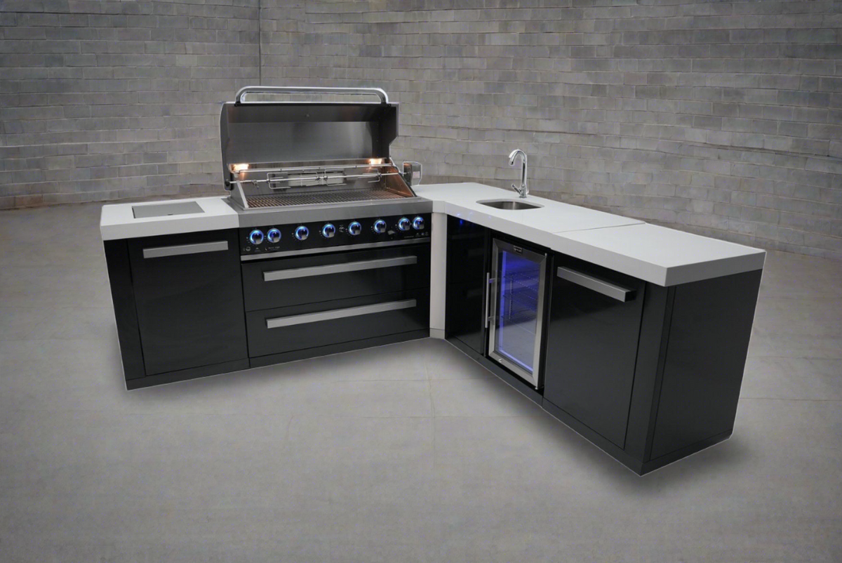 Mont Alpi 805 Black Stainless Steel BBQ Grill Island with 90 Degree Corner and Beverage Center - MAi805-BSS90BEV - MyBBQDirect