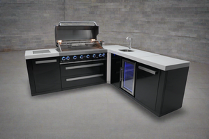 Mont Alpi 805 Black Stainless Steel BBQ Grill Island with 90 Degree Corner and Beverage Center - MAi805-BSS90BEV - MyBBQDirect