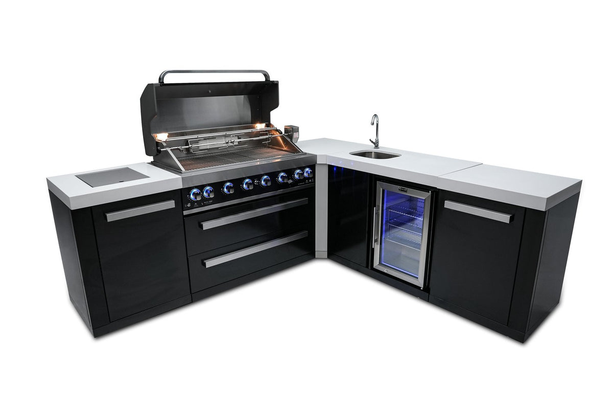 Mont Alpi 805 Black Stainless Steel BBQ Grill Island with 90 Degree Corner and Beverage Center - MAi805-BSS90BEV - MyBBQDirect