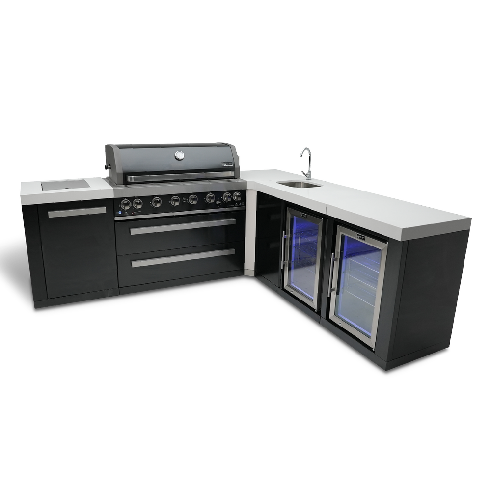 Mont Alpi 805 Black Stainless Steel BBQ Grill Island with 90 Degree Corner, Beverage Center and Fridge Cabinet - MAi805-BSS90BEVFC - MyBBQDirect
