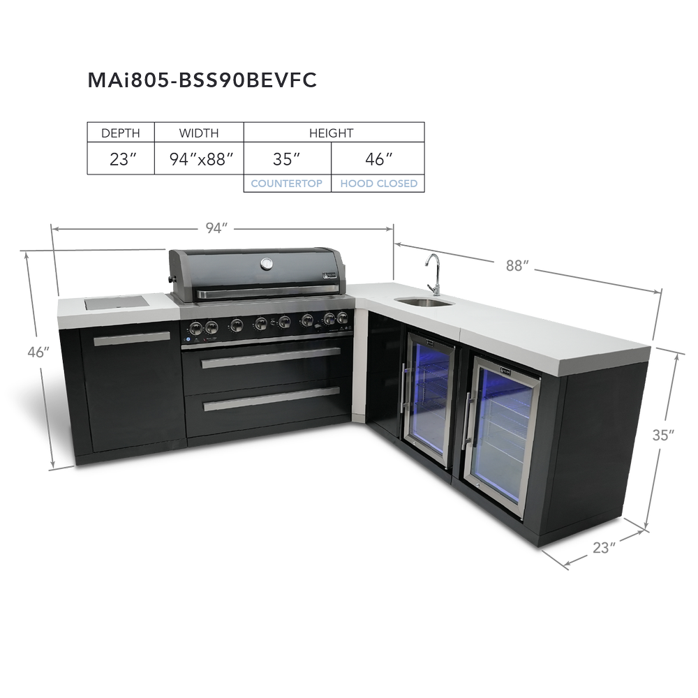 Mont Alpi 805 Black Stainless Steel BBQ Grill Island with 90 Degree Corner, Beverage Center and Fridge Cabinet - MAi805-BSS90BEVFC - MyBBQDirect