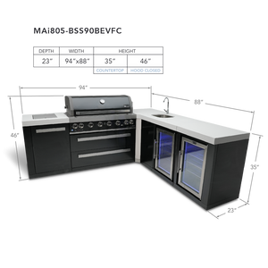 Mont Alpi 805 Black Stainless Steel BBQ Grill Island with 90 Degree Corner, Beverage Center and Fridge Cabinet - MAi805-BSS90BEVFC - MyBBQDirect