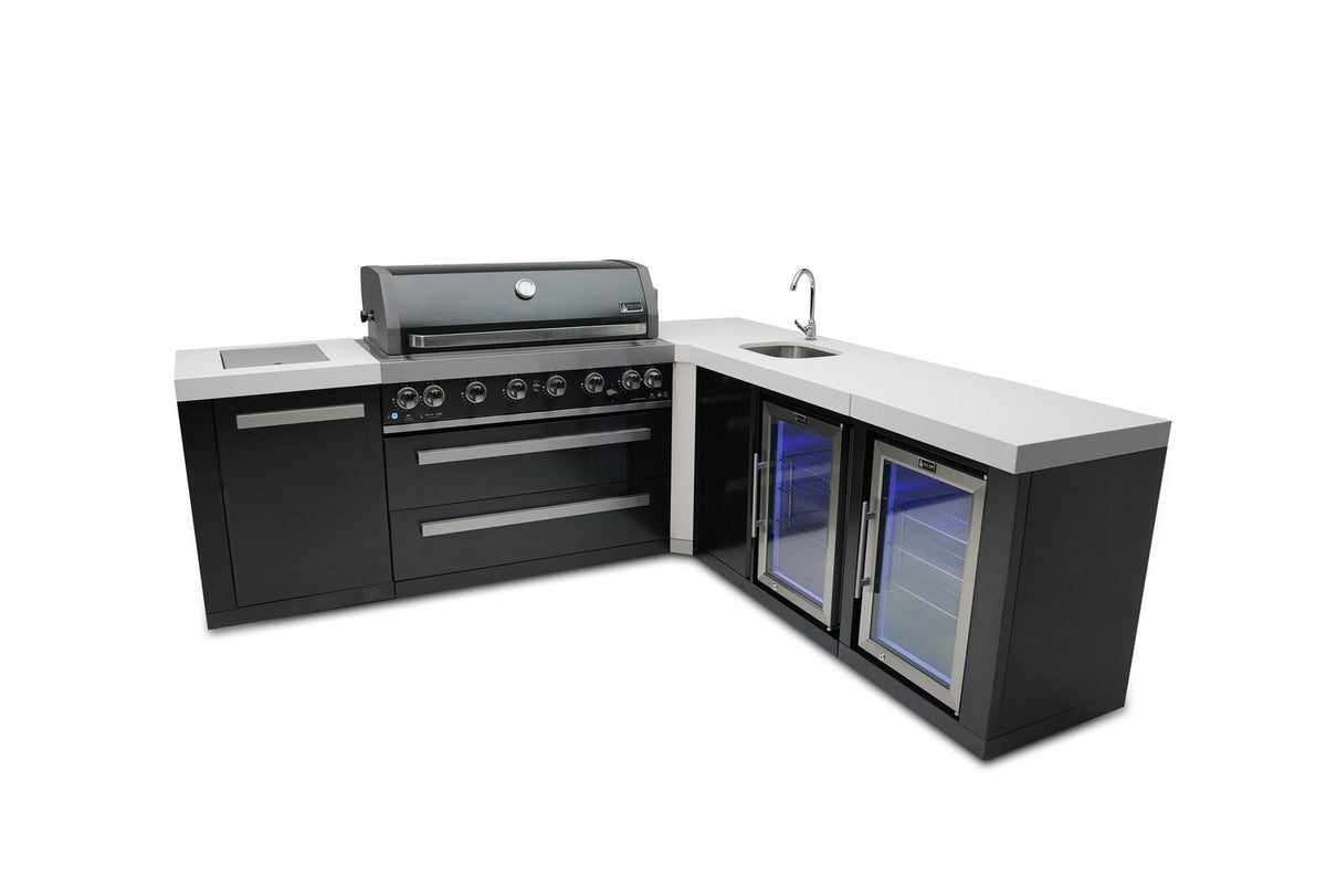 Mont Alpi 805 Black Stainless Steel BBQ Grill Island with 90 Degree Corner, Beverage Center and Fridge Cabinet - MAi805-BSS90BEVFC - MyBBQDirect