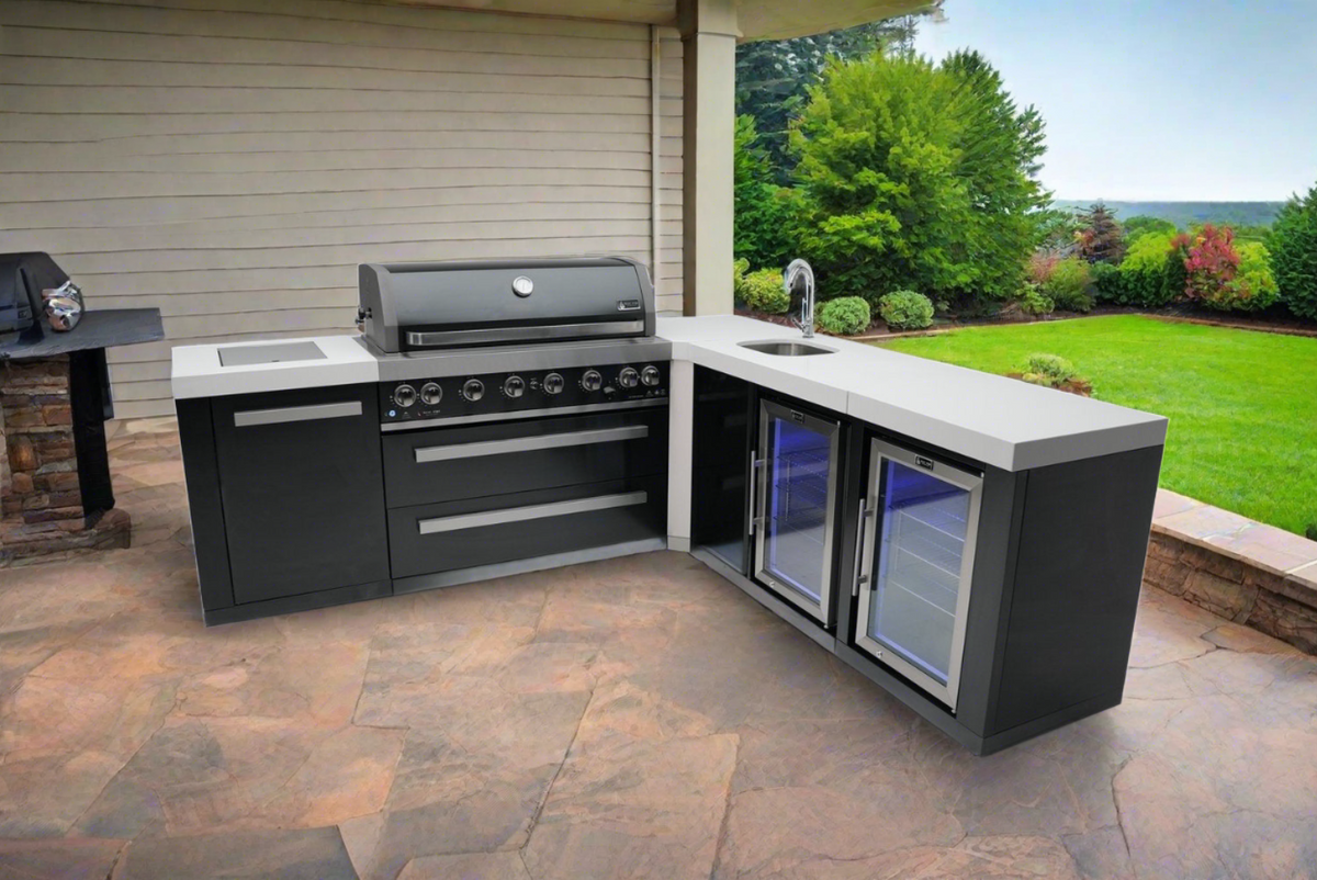 Mont Alpi 805 Black Stainless Steel BBQ Grill Island with 90 Degree Corner, Beverage Center and Fridge Cabinet - MAi805-BSS90BEVFC - MyBBQDirect
