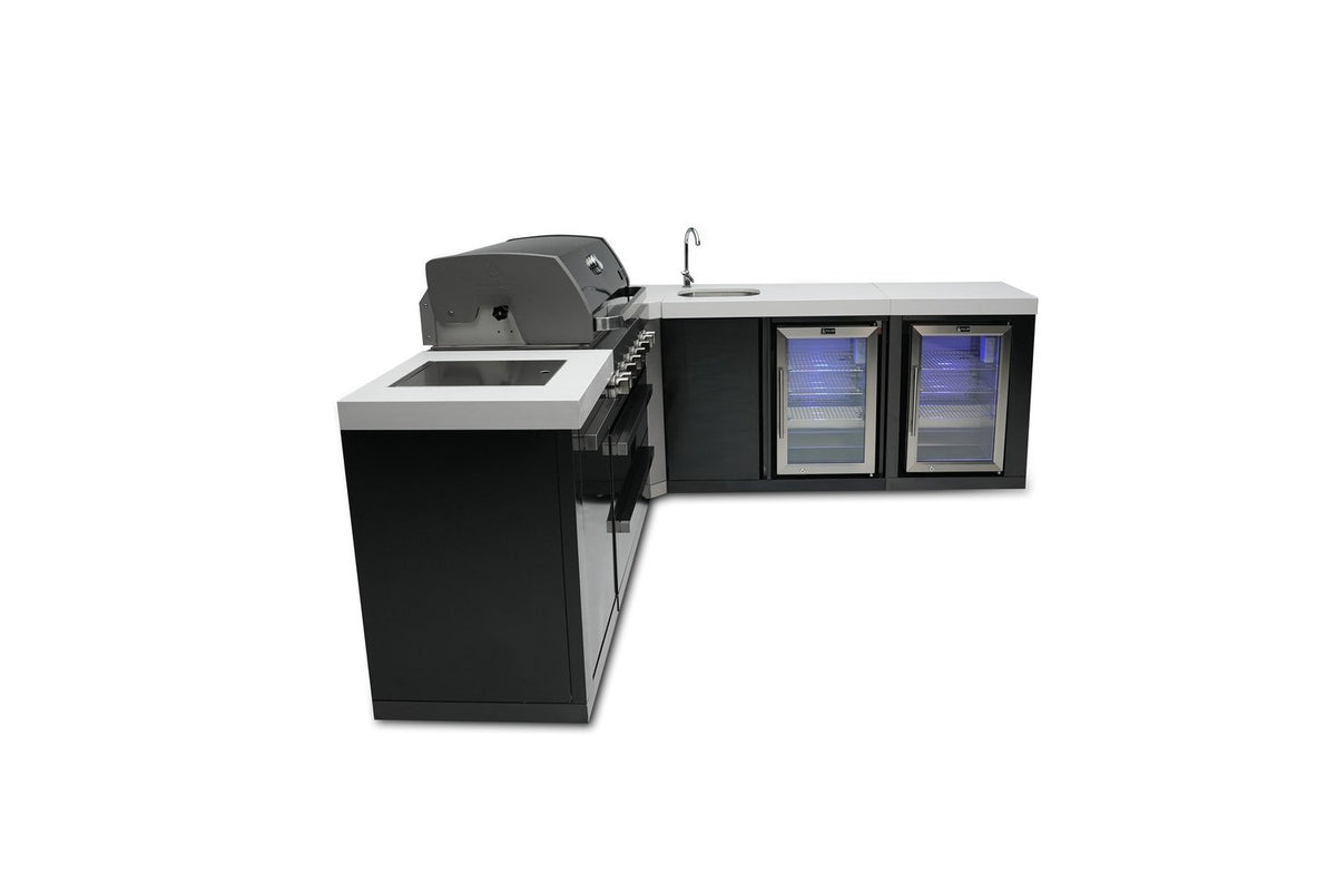 Mont Alpi 805 Black Stainless Steel BBQ Grill Island with 90 Degree Corner, Beverage Center and Fridge Cabinet - MAi805-BSS90BEVFC - MyBBQDirect