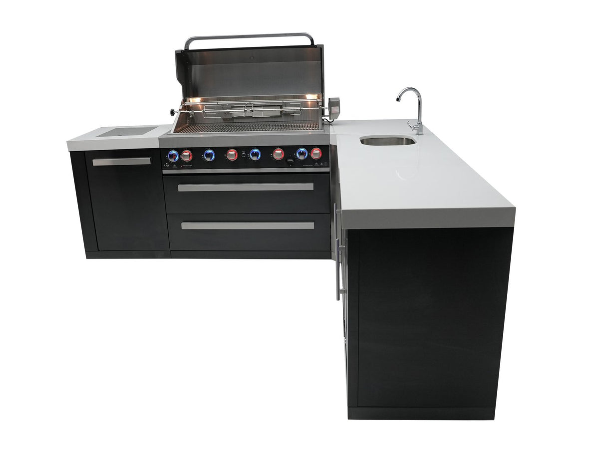 Mont Alpi 805 Black Stainless Steel BBQ Grill Island with 90 Degree Corner, Beverage Center and Fridge Cabinet - MAi805-BSS90BEVFC - MyBBQDirect