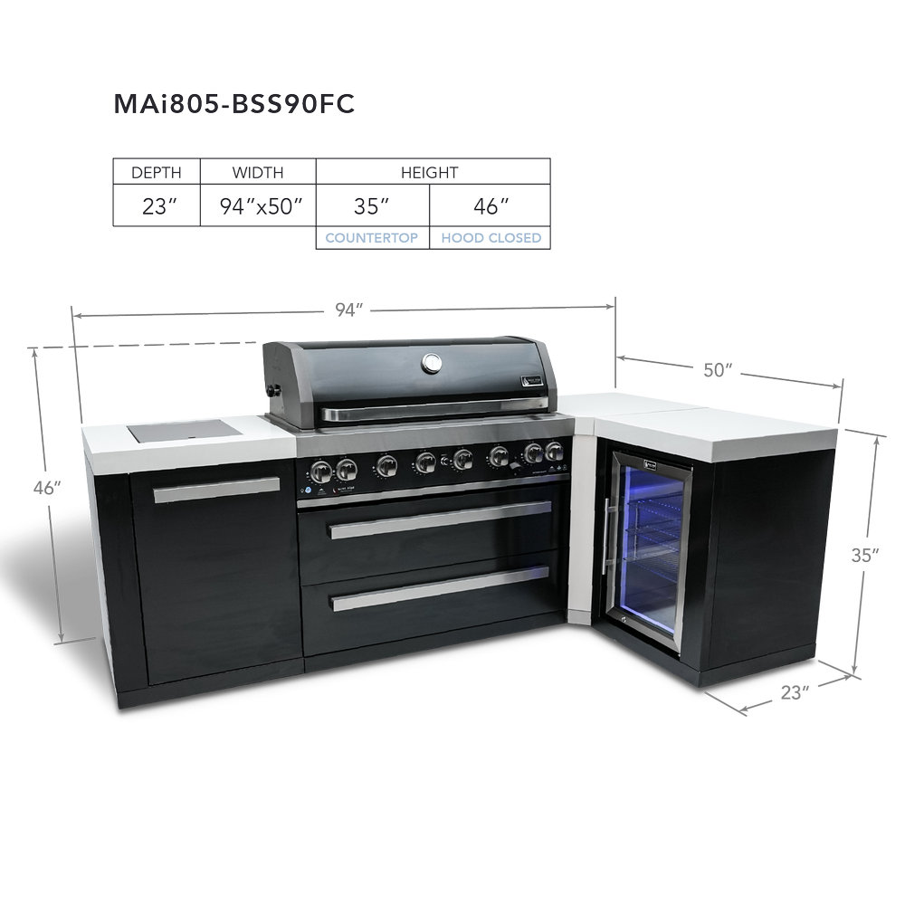 Mont Alpi 805 Black Stainless Steel Island with 90 Degree Corner and Fridge Cabinet - MAi805-BSS90FC - MyBBQDirect