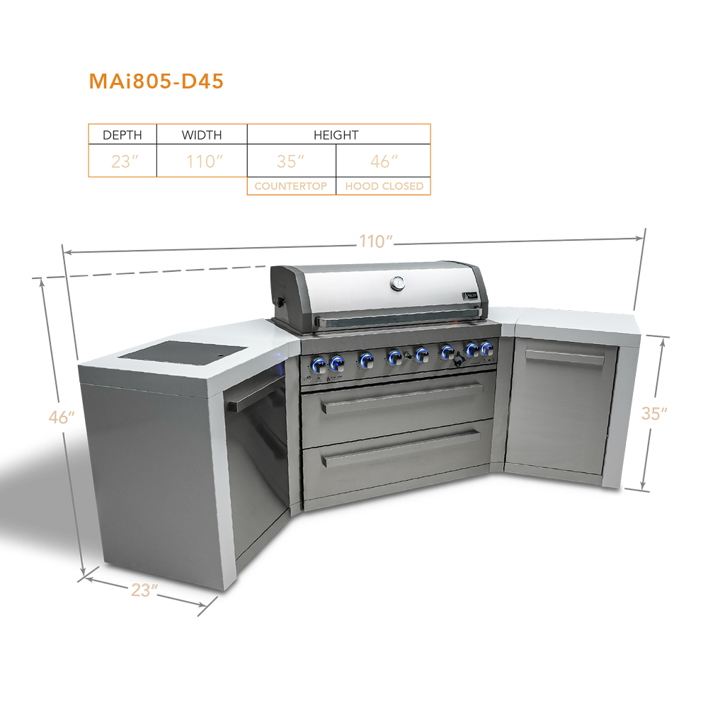 Mont Alpi 805 Deluxe BBQ Grill Island with 90 Degree Corner and Beverage Center 