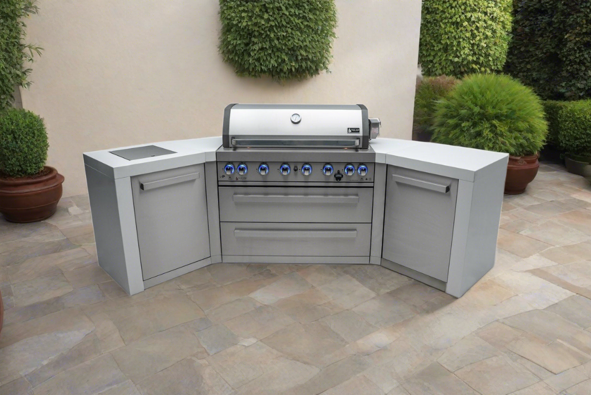Mont Alpi 805 Deluxe BBQ Grill Island with 90 Degree Corner and Beverage Center - MAi805-D90BEV - MyBBQDirect