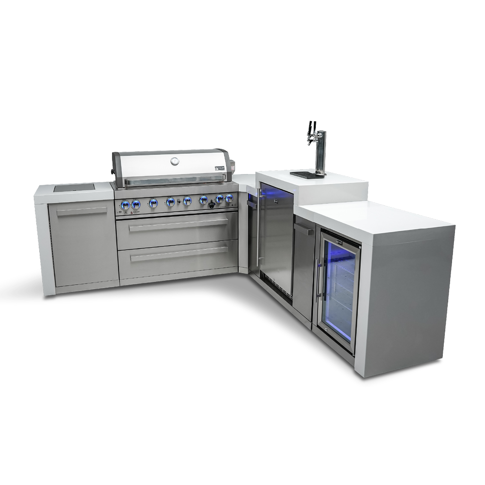Mont Alpi 805 Deluxe BBQ Grill Island with 90 Degree Corner, Kegerator and Fridge Cabinet - MAi805-D90KEGFC - MyBBQDirect