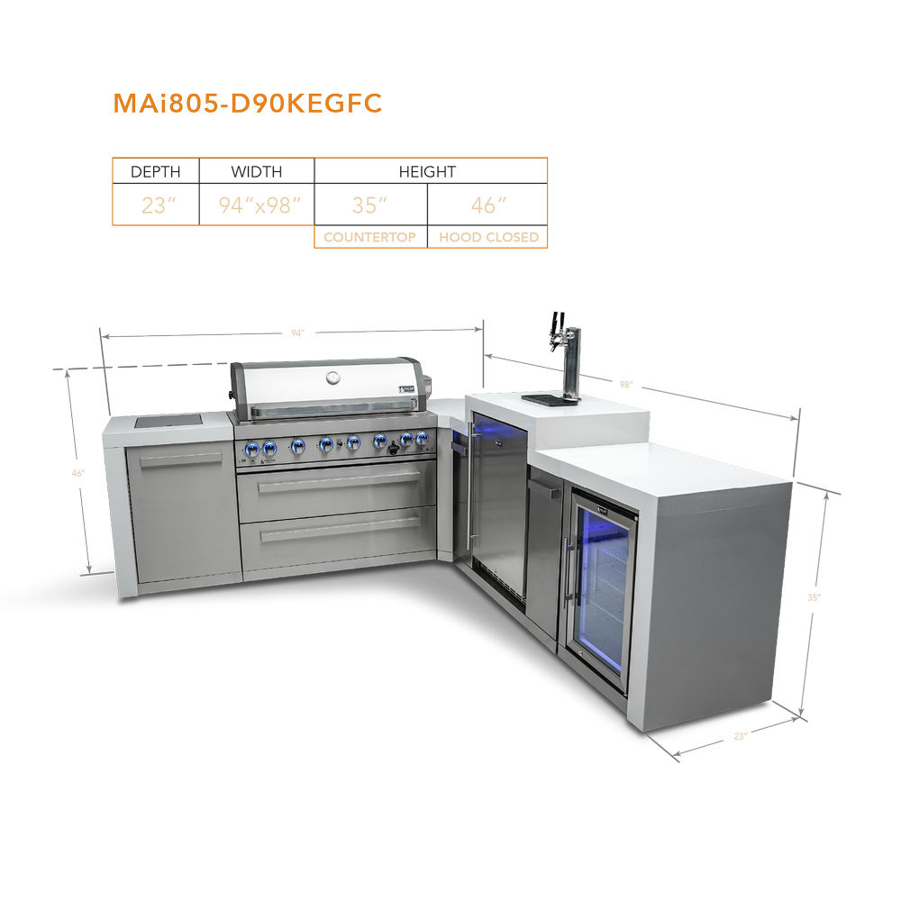 Mont Alpi 805 Deluxe BBQ Grill Island with 90 Degree Corner, Kegerator and Fridge Cabinet - MAi805-D90KEGFC - MyBBQDirect