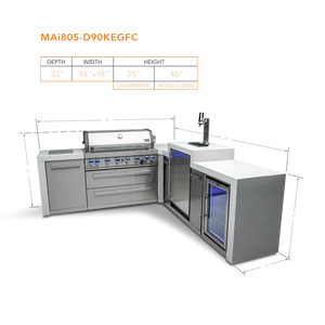 Mont Alpi 805 Deluxe BBQ Grill Island with 90 Degree Corner, Kegerator and Fridge Cabinet - MAi805-D90KEGFC - MyBBQDirect
