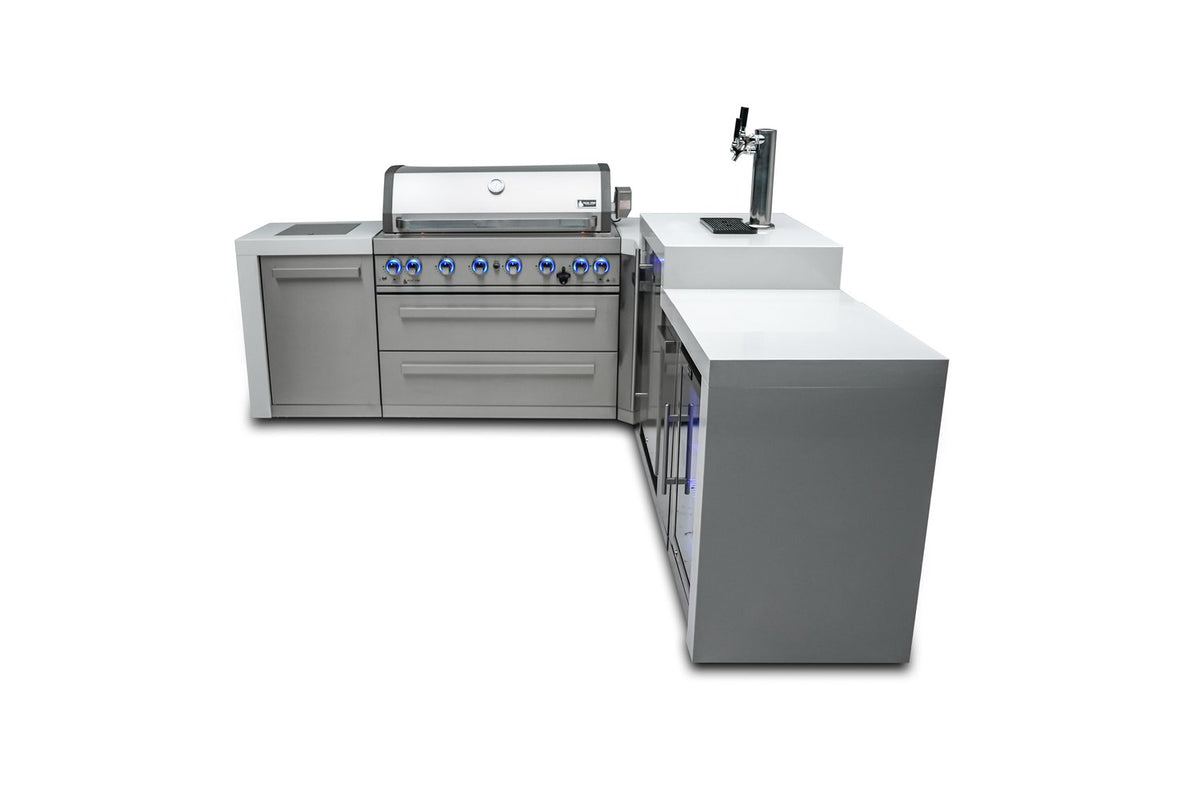 Mont Alpi 805 Deluxe BBQ Grill Island with 90 Degree Corner, Kegerator and Fridge Cabinet - MAi805-D90KEGFC - MyBBQDirect