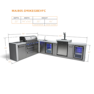 Mont Alpi 805 Deluxe BBQ Grill Island with 90 Degree Corner, Kegerator, Beverage Center and Fridge Cabinet - MAi805-D90KEGBEVFC - MyBBQDirect