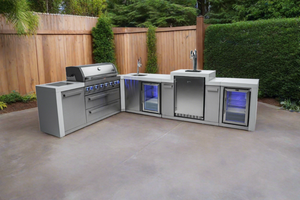 Mont Alpi 805 Deluxe BBQ Grill Island with 90 Degree Corner, Kegerator, Beverage Center and Fridge Cabinet - MAi805-D90KEGBEVFC - MyBBQDirect