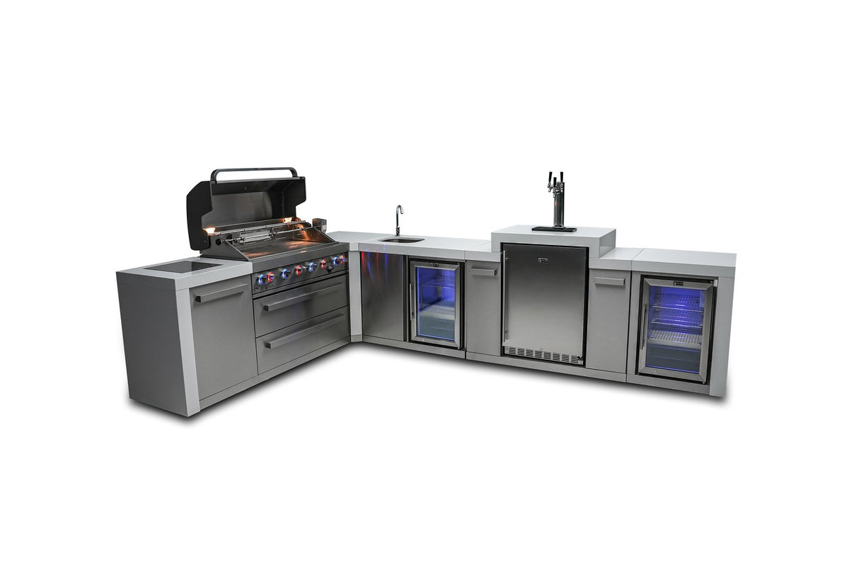 Mont Alpi 805 Deluxe BBQ Grill Island with 90 Degree Corner, Kegerator, Beverage Center and Fridge Cabinet - MAi805-D90KEGBEVFC - MyBBQDirect