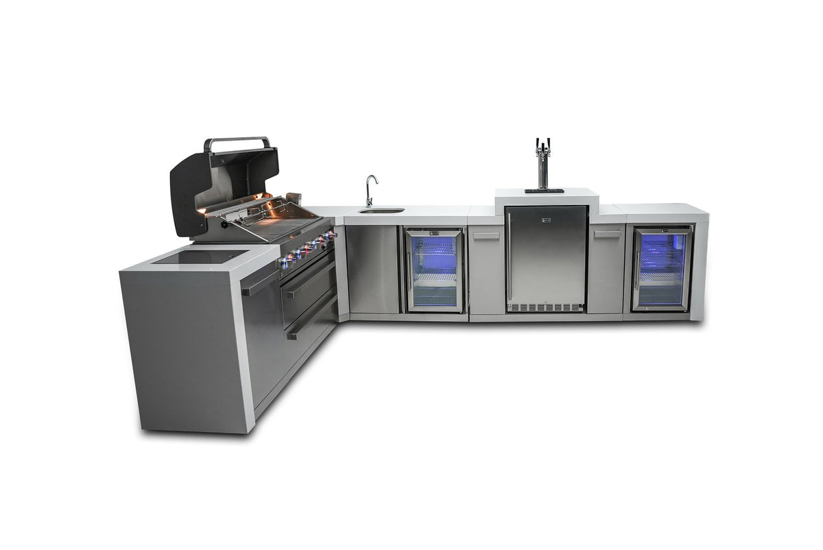 Mont Alpi 805 Deluxe BBQ Grill Island with 90 Degree Corner, Kegerator, Beverage Center and Fridge Cabinet - MAi805-D90KEGBEVFC - MyBBQDirect