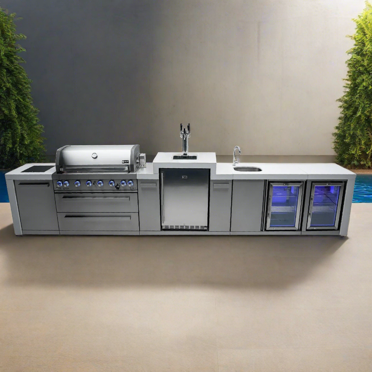 Mont Alpi 805 Deluxe BBQ Grill Island with Kegerator, Beverage Center and Fridge Cabinet - MAi805-DKEGBEVFC - MyBBQDirect