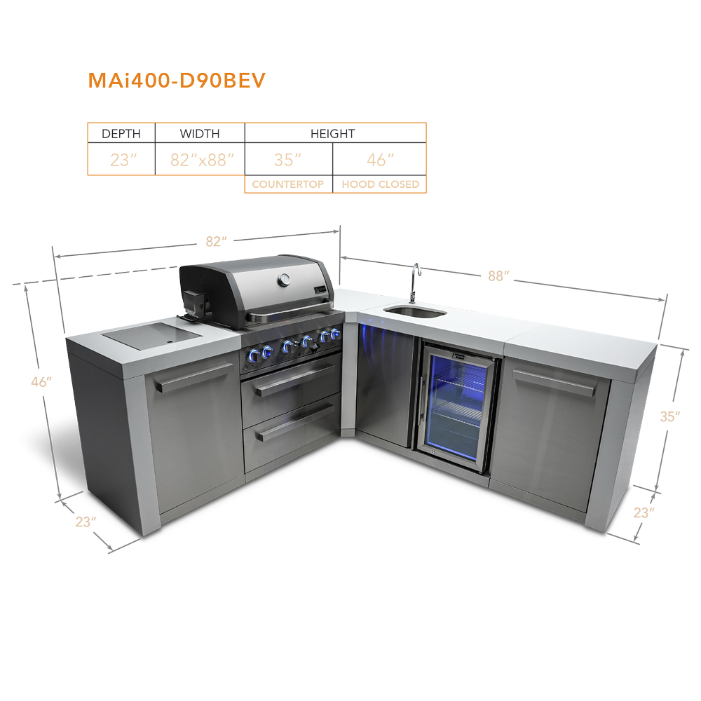 Mont Alpi 805 Deluxe Island with 90 Degree Corner and Beverage Center - MAi400-D90BEV - MyBBQDirect