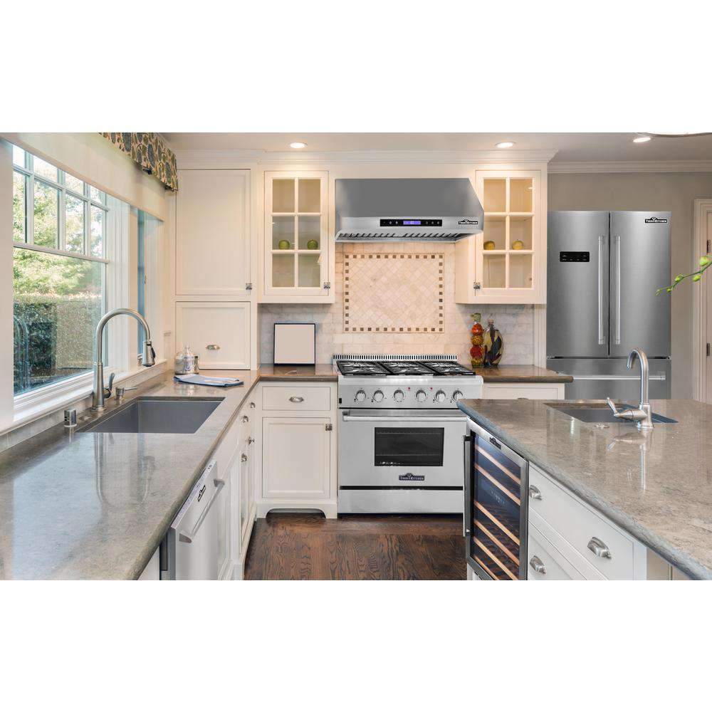 Thor Kitchen 4-Piece Appliance Package - 30-Inch Gas Range, Wall Mounted Range Hood, Refrigerator with Water Dispenser, and Dishwasher in Stainless Steel
