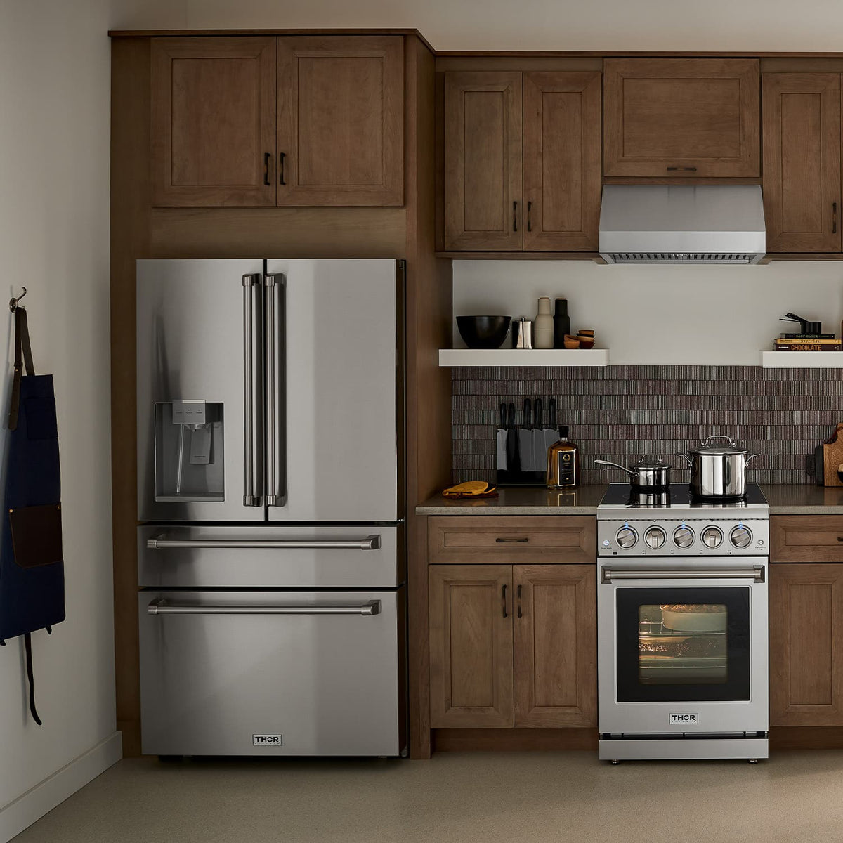 Thor Kitchen 4-Piece Appliance Package - 30-Inch Gas Range, Wall Mounted Range Hood, Refrigerator with Water Dispenser, and Dishwasher in Stainless Steel