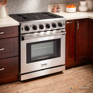 Thor Kitchen 4-Piece Appliance Package - 30-Inch Gas Range, Refrigerator with Water Dispenser, Dishwasher, & Microwave Drawer in Stainless Steel