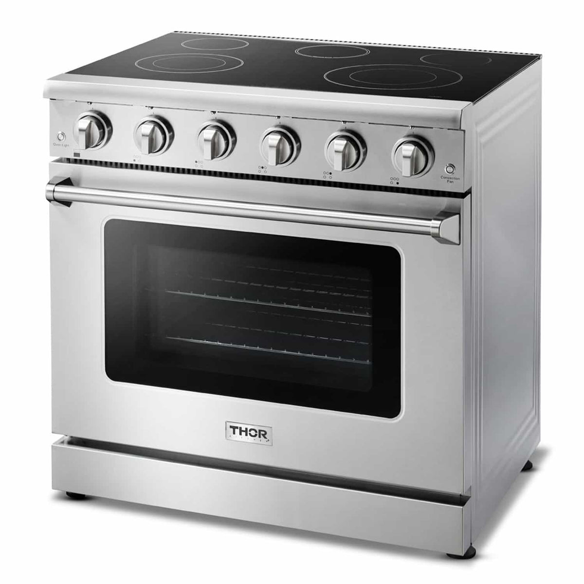 Thor Kitchen 4-Piece Appliance Package - 36-Inch Electric Range, French Door Refrigerator, Pro-Style Wall Mount Hood, and Dishwasher in Stainless Steel
