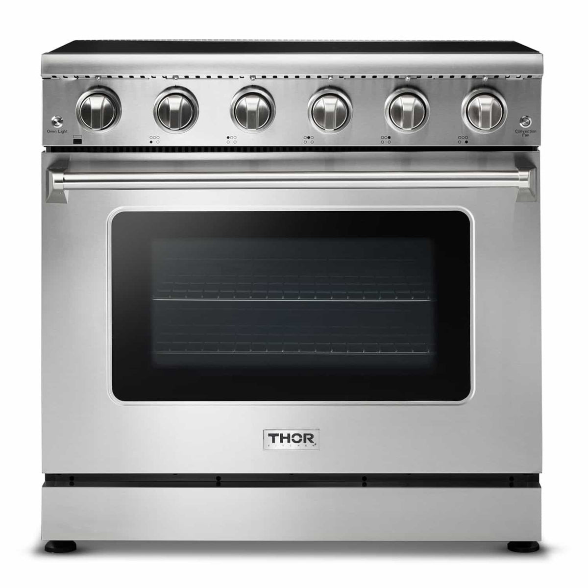 Thor Kitchen 4-Piece Appliance Package - 36-Inch Electric Range, French Door Refrigerator, Pro-Style Wall Mount Hood, and Dishwasher in Stainless Steel