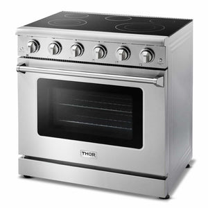 Thor Kitchen 4-Piece Appliance Package - 36-Inch Electric Range, Refrigerator with Water Dispenser, Dishwasher, & Microwave Drawer in Stainless Steel