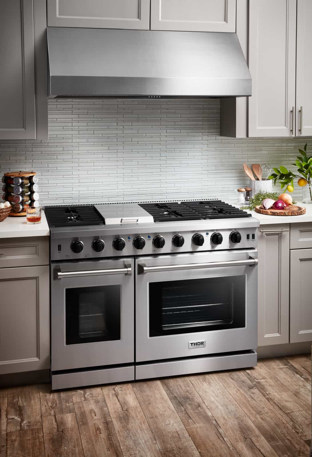 Thor Kitchen 4-Piece Appliance Package - 48-Inch Gas Range, French Door Refrigerator, Dishwasher & Under Cabinet 11-Inch Tall Hood in Stainless Steel