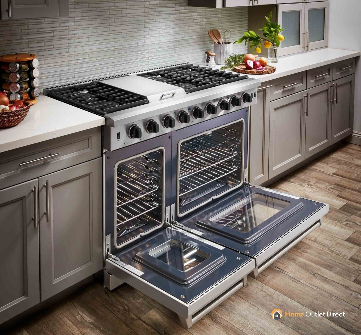 Thor Kitchen 4-Piece Appliance Package - 48-Inch Gas Range, French Door Refrigerator, Dishwasher & Under Cabinet 11-Inch Tall Hood in Stainless Steel