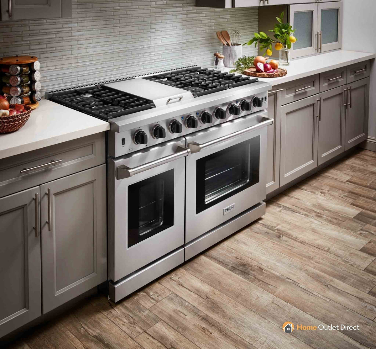 Thor Kitchen 4-Piece Appliance Package - 48-Inch Gas Range, French Door Refrigerator, Dishwasher & Under Cabinet 11-Inch Tall Hood in Stainless Steel