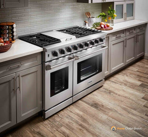 Thor Kitchen 4-Piece Appliance Package - 48-Inch Gas Range, Pro Wall Mount Hood, French Door Refrigerator, and Dishwasher in Stainless Steel