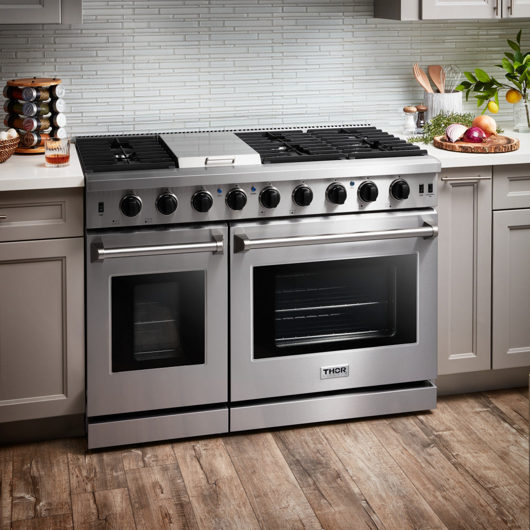 Thor Kitchen 4-Piece Appliance Package - 48-Inch Gas Range, Pro Wall Mount Hood, French Door Refrigerator, and Dishwasher in Stainless Steel